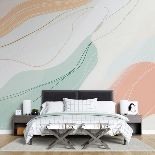 Papier peint abstrait avec motifs fluides aux teintes douces et organiques pour chambre moderne.