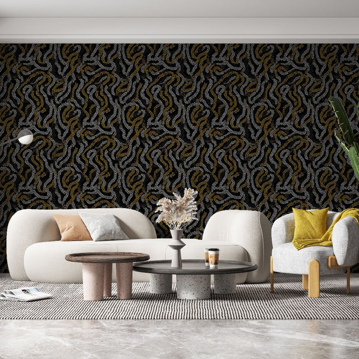 Un salon moderne avec un papier peint abstrait noir orné de motifs ondulés en blanc et doré, créant une ambiance élégante et dynamique.