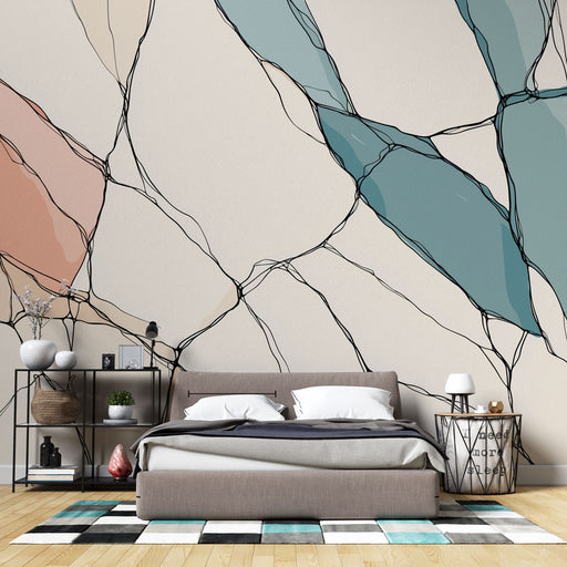 Une chambre moderne avec un papier peint abstrait aux teintes douces de rose, bleu et beige, dégageant une atmosphère artistique et apaisante.