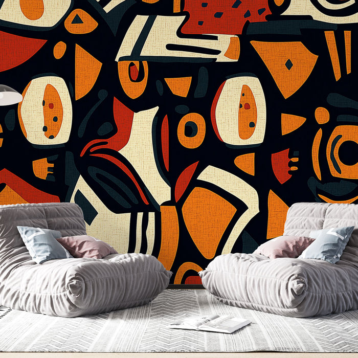 Papier peint abstrait avec motifs géométriques colorés en rouge et orange pour salon moderne