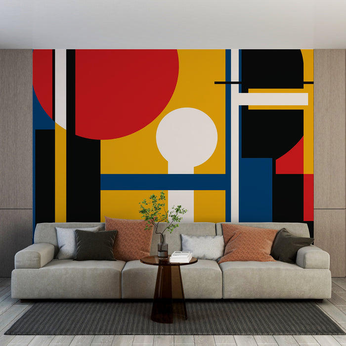 Papier peint abstrait avec motifs géométriques colorés sur fond jaune pour salon moderne