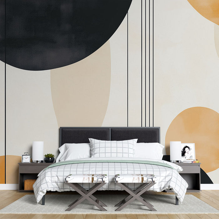 Papier peint abstrait avec motifs géométriques en rond et lignes épurées pour chambre moderne