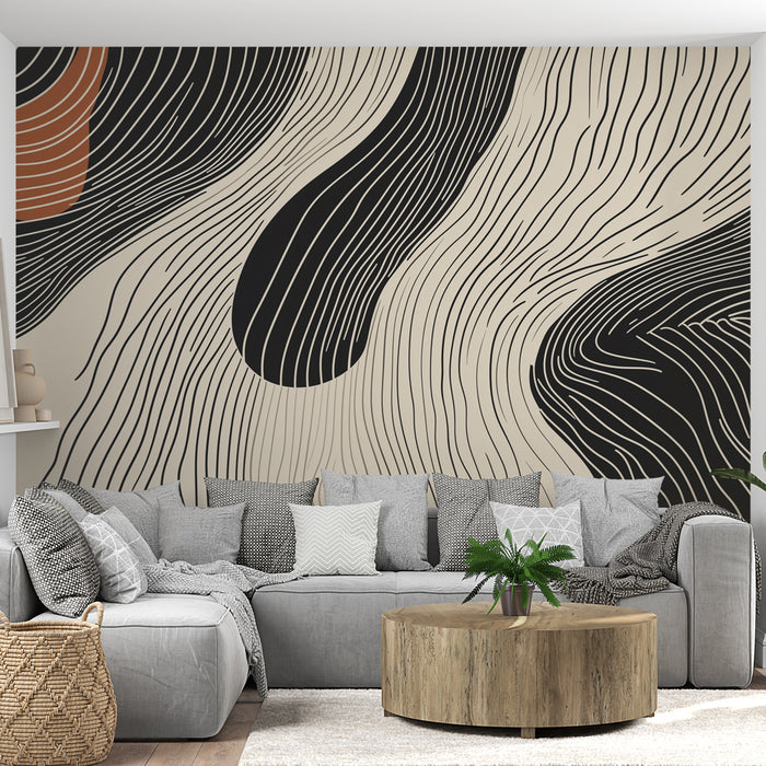 Papier peint abstrait avec motifs linéaires en noir et blanc et touches de terre cuite pour salon moderne.