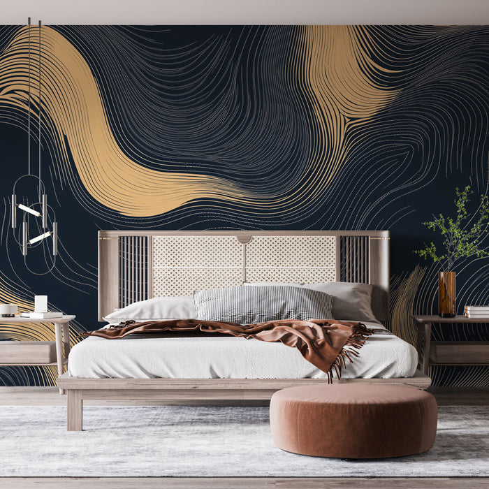 Papier peint abstrait avec motifs ondulés dorés et bleu profond pour chambre moderne