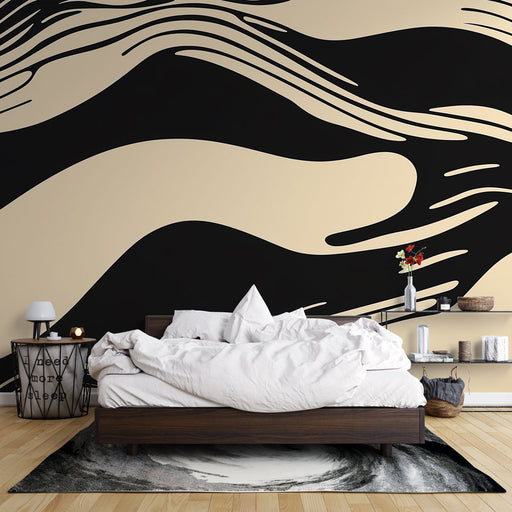Papier peint abstrait noir et beige avec motifs ondulés pour chambre moderne
