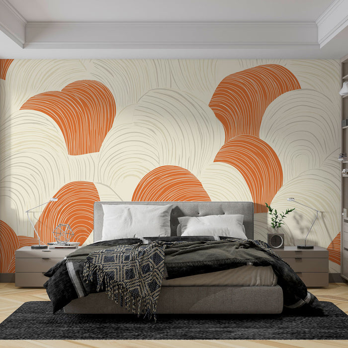Papier peint abstrait avec motifs ondulés en orange et beige pour chambre moderne