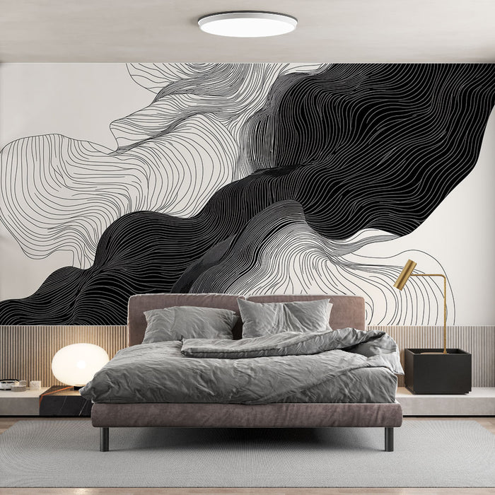 Papier peint abstrait noir et blanc avec motifs ondulés élégants pour chambre moderne