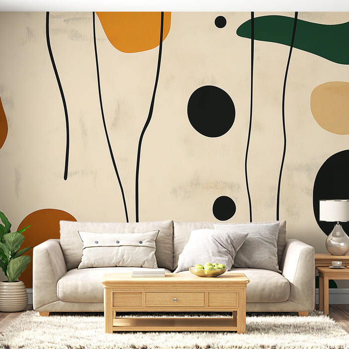 Papier peint abstrait avec motifs organiques aux couleurs terreuses pour salon moderne