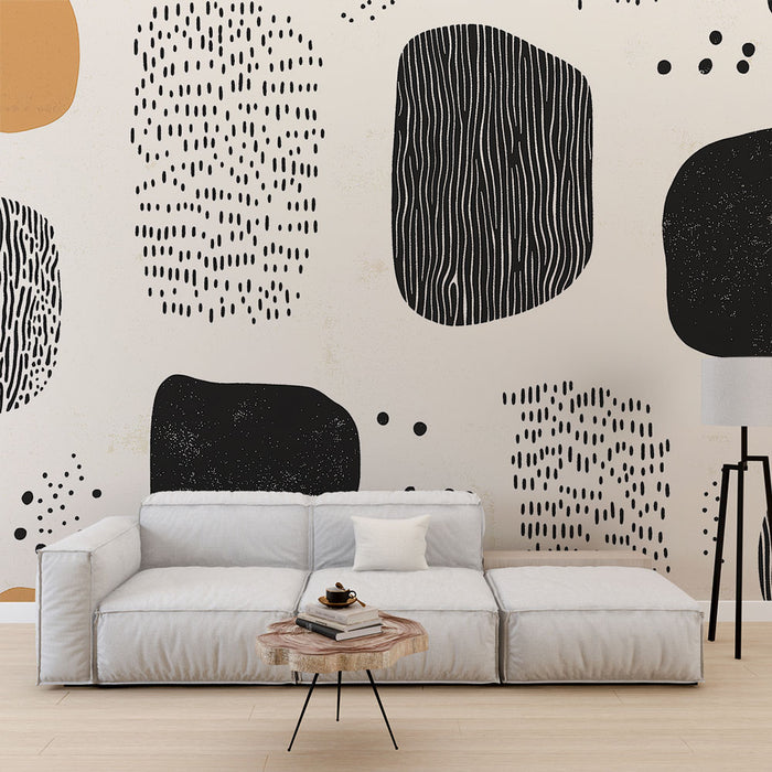 Papier peint abstrait avec motifs organiques en noir, beige et blanc pour salon moderne.