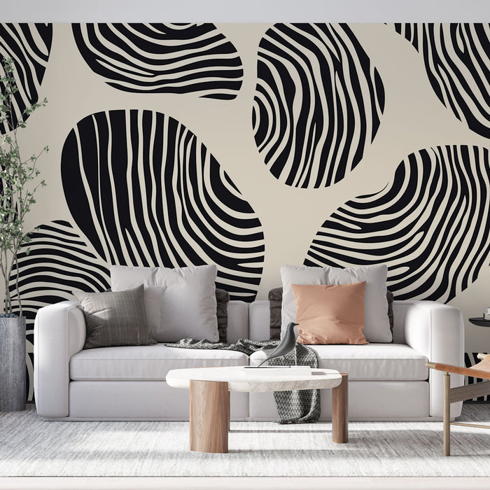 Papier peint abstrait noir et blanc avec motifs organiques pour salon moderne