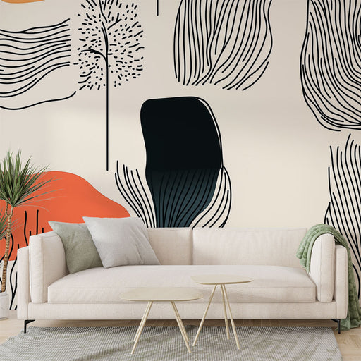 Papier peint abstrait avec motifs organiques en noir et couleurs terre pour salon moderne.