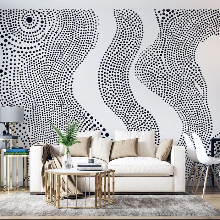 Papier peint abstrait avec motifs organiques en points noirs et blancs pour salon moderne