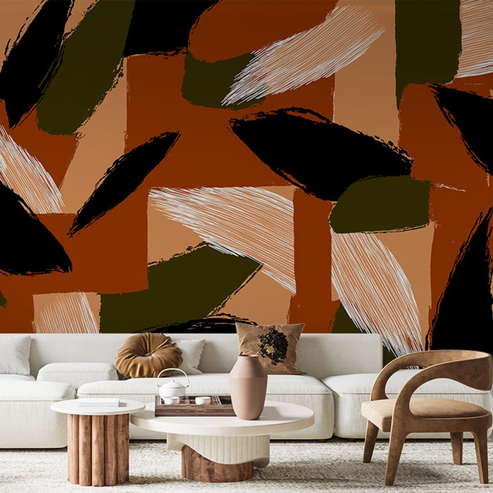 Un salon moderne avec un papier peint abstrait aux teintes terreuses et motifs dynamiques évoquant une atmosphère chaleureuse et artistique.