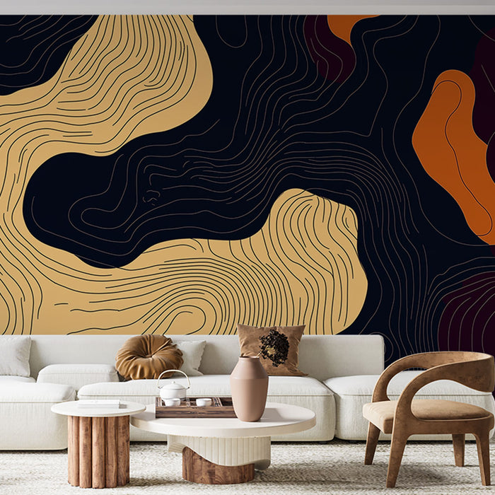 Papier peint abstrait avec motifs organiques en tons chauds et foncés pour salon moderne