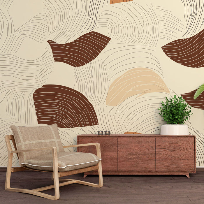 Papier peint abstrait avec motifs organiques en tons doux de terre pour salon moderne