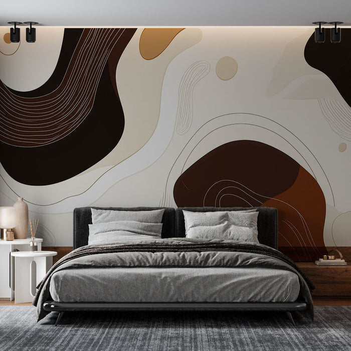 Papier peint abstrait avec motifs organiques en tons terreux pour chambre moderne