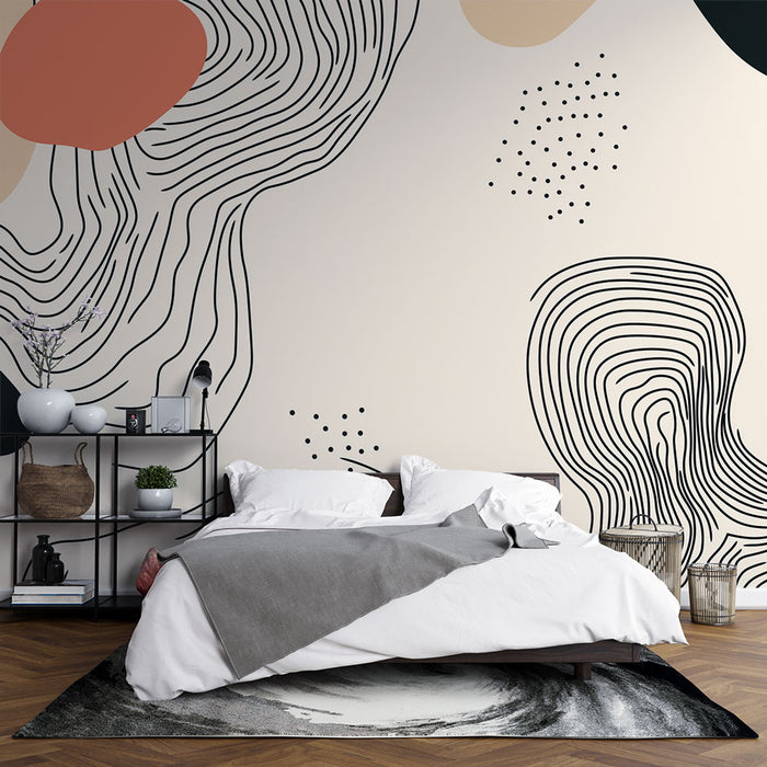 Papier peint abstrait avec motifs organiques et lignes fluides sur fond clair pour chambre moderne