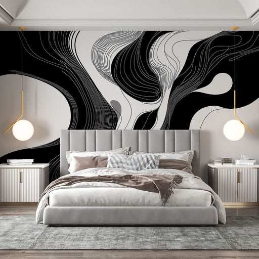 Papier peint abstrait noir et blanc avec motifs contemporains fluides pour chambre moderne