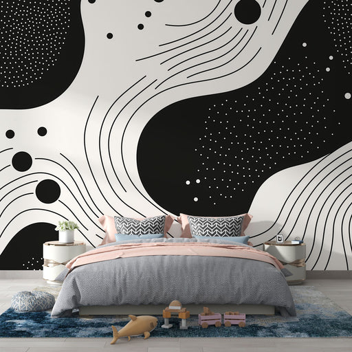 Papier peint abstrait noir et blanc avec motifs fluides et textures variées pour chambre moderne