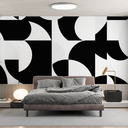 Papier peint abstrait noir et blanc avec motifs géométriques modernes pour chambre contemporaine