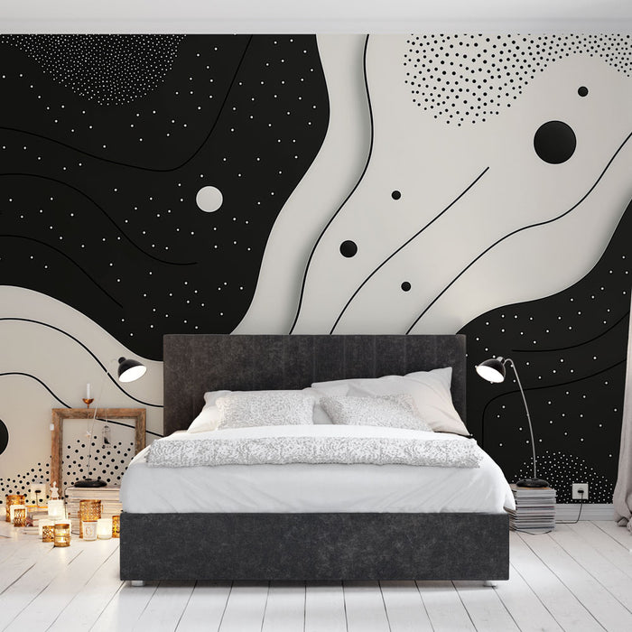 Papier peint abstrait noir et blanc avec motifs ondulés et points graphiques pour chambre moderne.