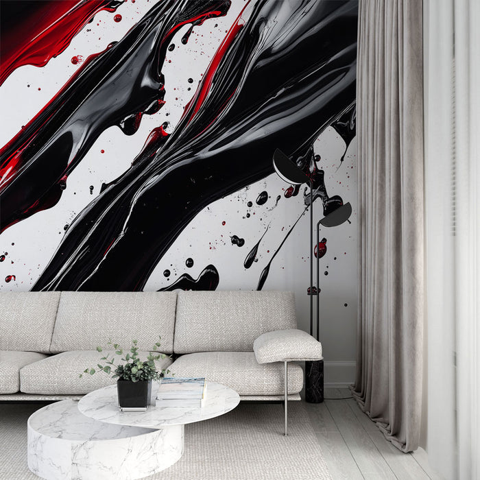 Papier peint abstrait noir et rouge | Effets de peinture fluide sur fond blanc