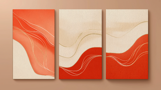 Papier peint abstrait Ondulations chaudes en rouge et beige avec des accents dorés