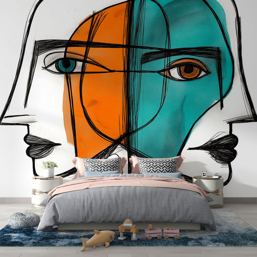 Papier peint panoramique abstrait aux visages géométriques en noir, orange et turquoise, transformant une chambre moderne avec un design graphique et épuré. Meilleures ventes, Papier peint chambre adulte, Papier peint abstrait, Papier peint salon, Papier peint salle de bain, Papier peint cuisine, LePapierPeint