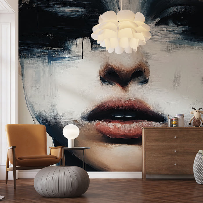 Papier peint abstrait portrait artistique avec touches de noir et blanc pour salon moderne