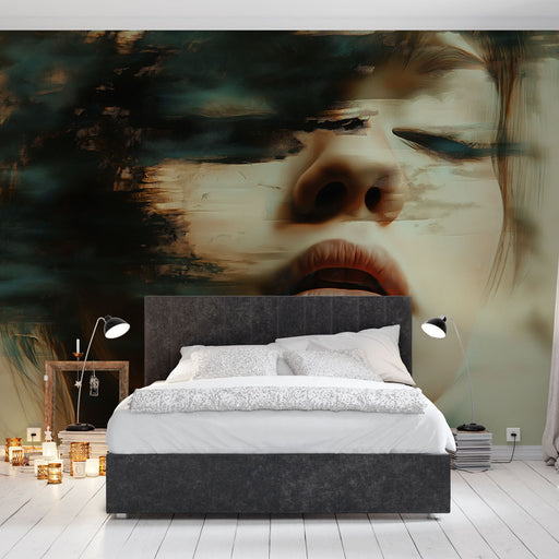Papier peint abstrait avec portrait éthéré aux couleurs mélancoliques pour chambre moderne.