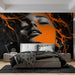 Papier peint abstrait avec portrait féminin et éclats de peinture orange pour chambre moderne