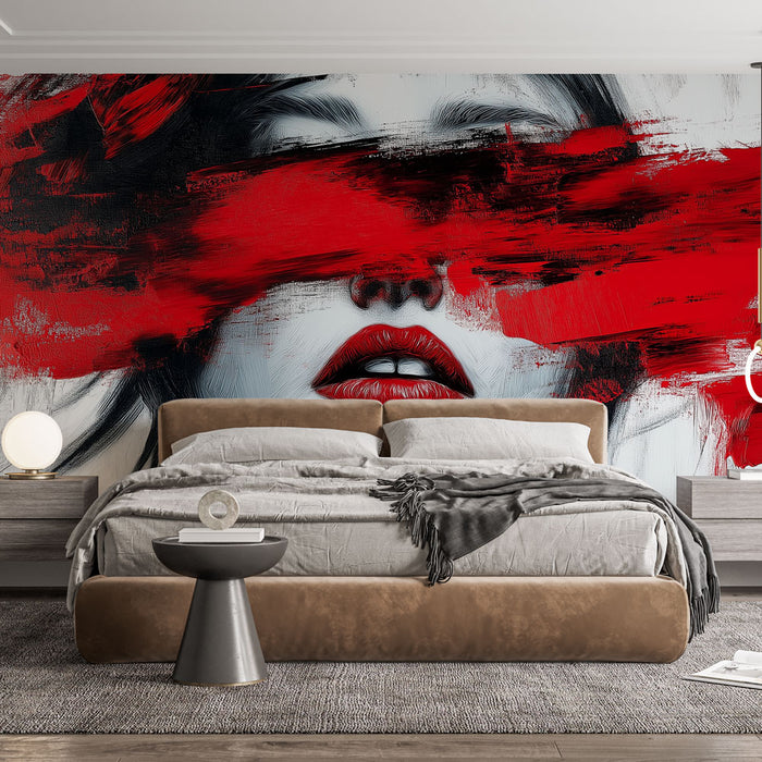 Papier peint abstrait avec portrait stylisé et touches de rouge et noir pour chambre moderne