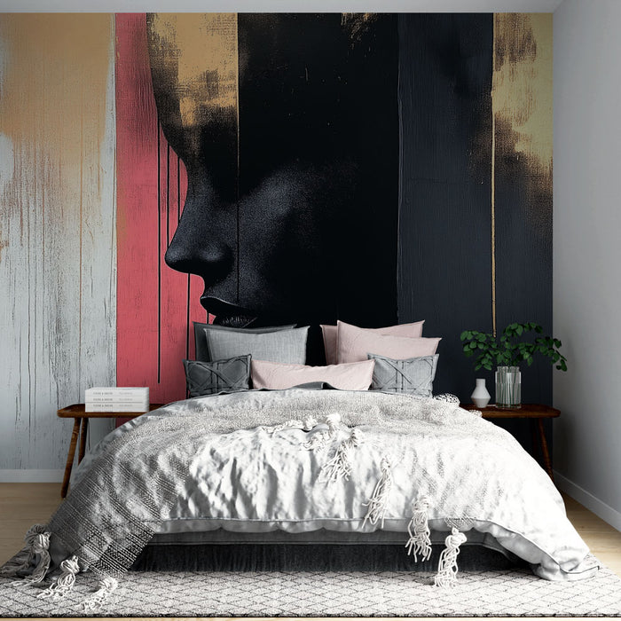 Papier peint abstrait profil noir avec textures colorées pour chambre moderne