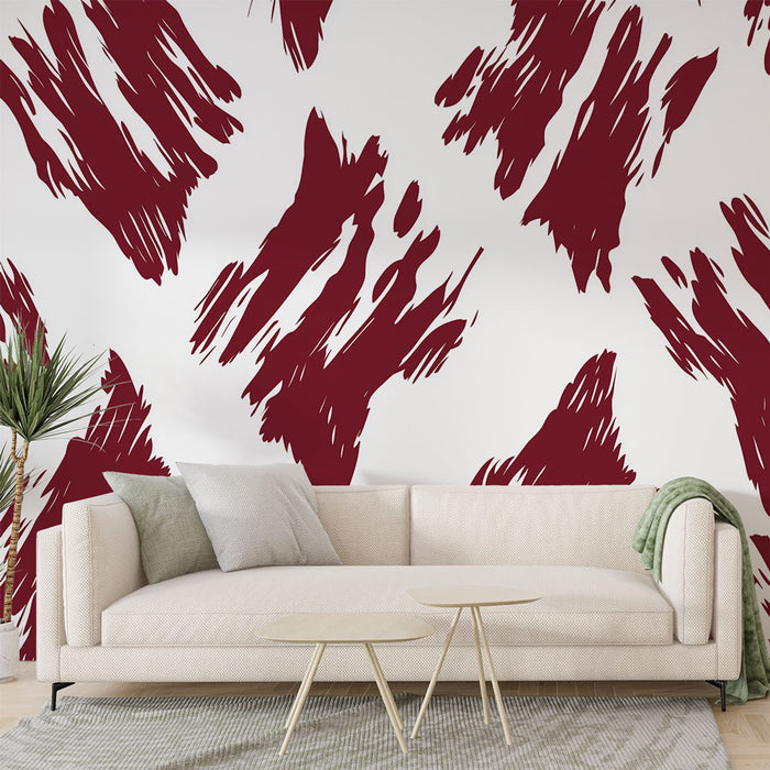 Papier peint abstrait rouge avec motifs éclatés sur fond blanc pour salon moderne