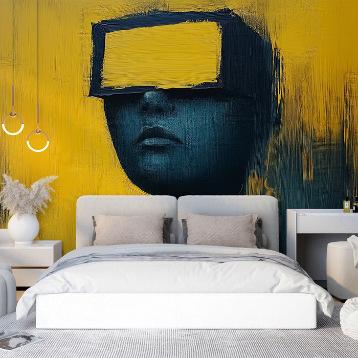 Papier peint abstrait avec silhouette mystérieuse sur fond jaune et bleu pour chambre moderne