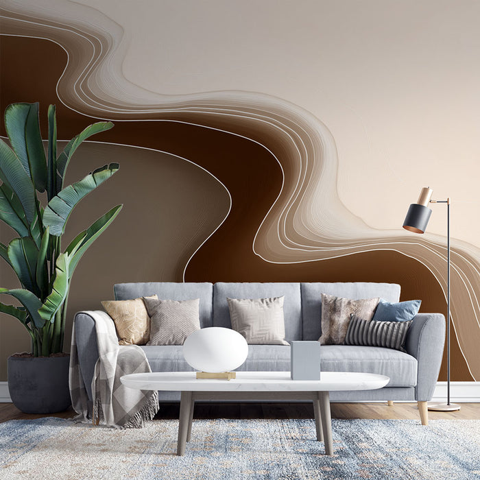 Un salon moderne avec un papier peint abstrait aux nuances de marron et beige, créant une ambiance chaleureuse et élégante.