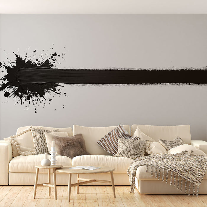 Papier peint abstrait avec traînée noire minimaliste sur fond blanc pour salon moderne