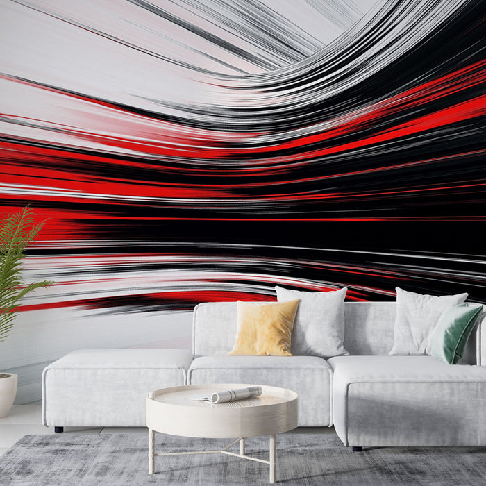 Papier peint abstrait | Vagues dynamiques de rouge, noir et blanc