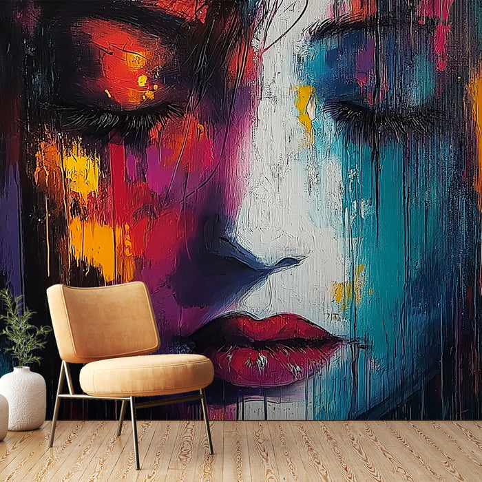 Papier peint abstrait visage coloré avec éclaboussures de peinture pour salon moderne