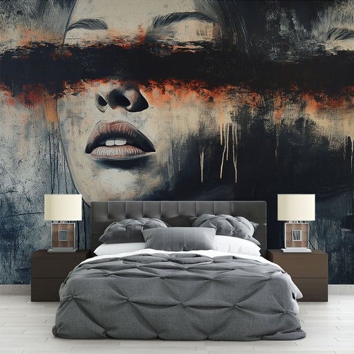 Papier peint abstrait avec visage en nuances sombres et éclats de couleur pour chambre moderne