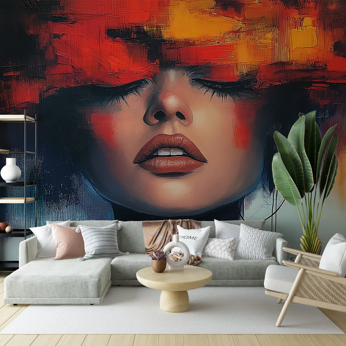 Papier peint abstrait visage féminin avec explosion de couleurs vives pour salon moderne