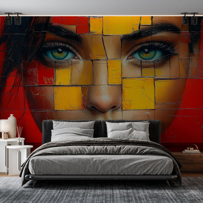 Papier peint abstrait visage moderne avec blocs de couleurs vives pour chambre contemporaine