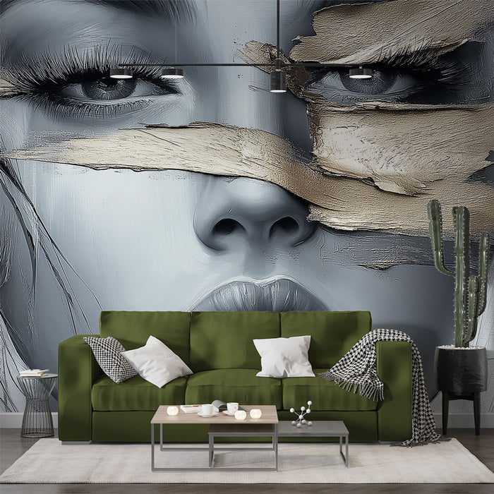 Papier peint abstrait visage mystérieux avec touches dorées pour salon moderne et élégant