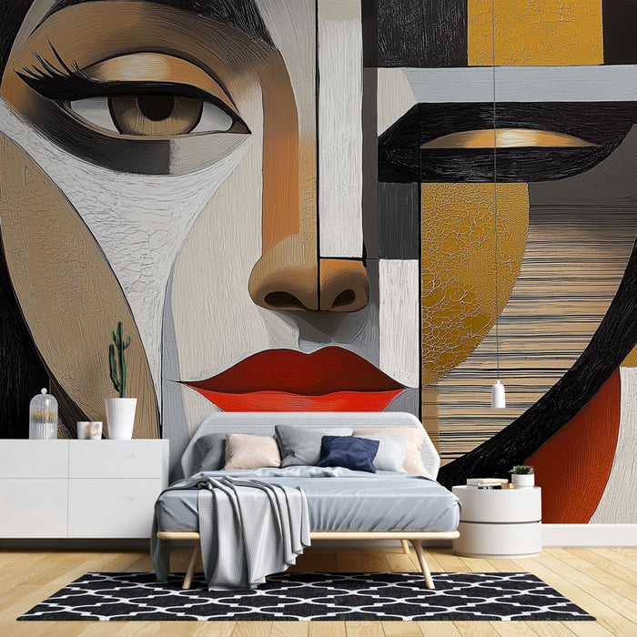 Papier peint abstrait visage stylisé avec formes géométriques pour décoration murale moderne chambre adulte