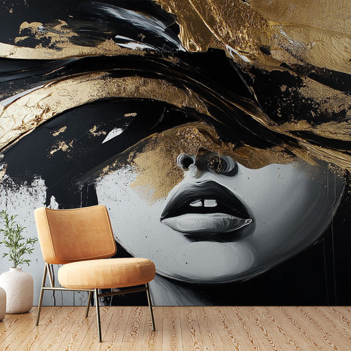 Papier peint abstrait visage stylisé avec touches dorées pour salon moderne et élégant.