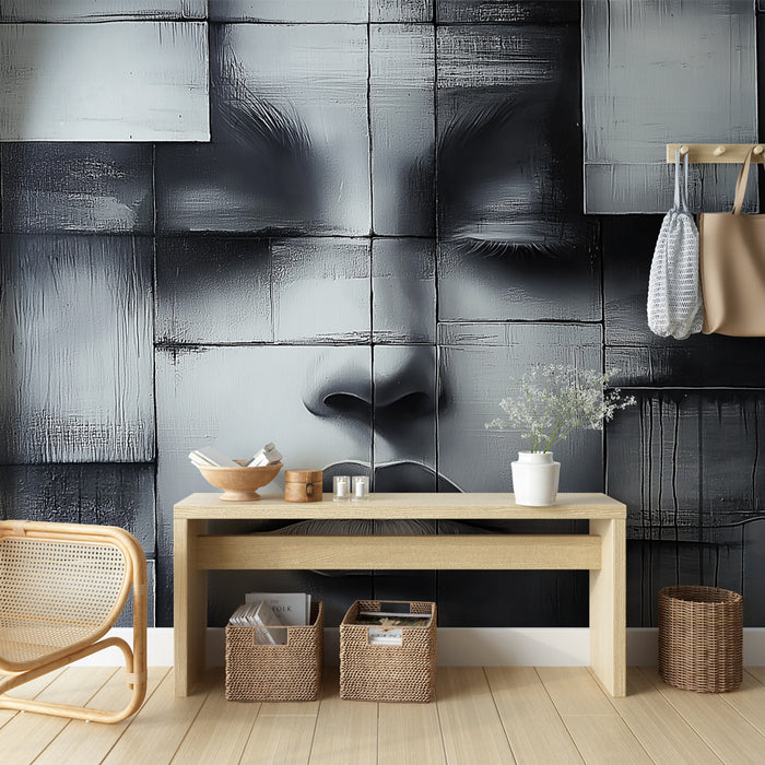 Papier peint abstrait visage stylisé en noir et blanc avec textures pour décoration murale moderne.