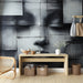 Papier peint abstrait visage stylisé en noir et blanc avec textures pour décoration murale moderne.