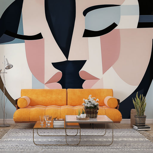 Papier peint abstrait avec visages entrelacés en couleurs douces pour salon moderne.