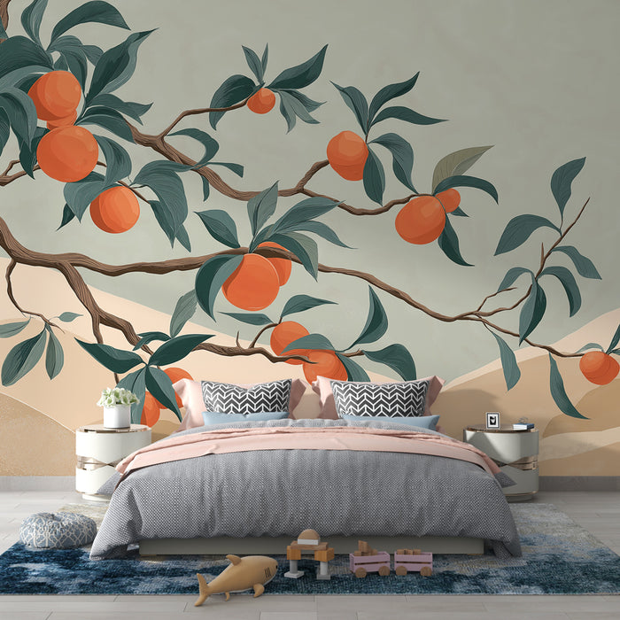 Une chambre moderne avec un papier peint représentant des branches d'orange aux fruits éclatants, créant une atmosphère fraîche et vivante.
