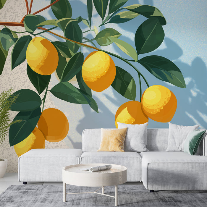 Un salon moderne avec un papier peint illustrant des citrons jaunes éclatants sur fond bleu, créant une atmosphère fraîche et vivante.